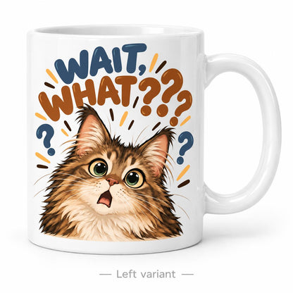 Rendering of white ceramic mug with cartoon suprised maincoon cat saying "Wait, What??" on white background. Print on left side view.