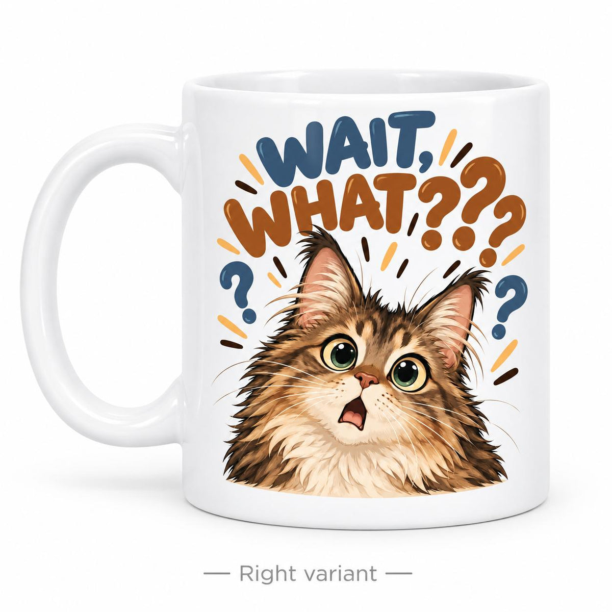 Rendering of white ceramic mug with cartoon suprised maincoon cat saying "Wait, What??" on white background. Print on right side view.