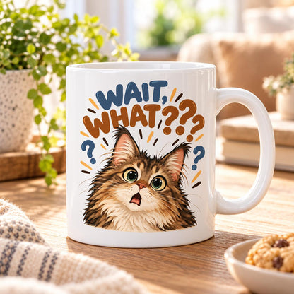 Rendering of white ceramic mug with cartoon suprised maincoon cat saying "Wait, What??" on wooden table.