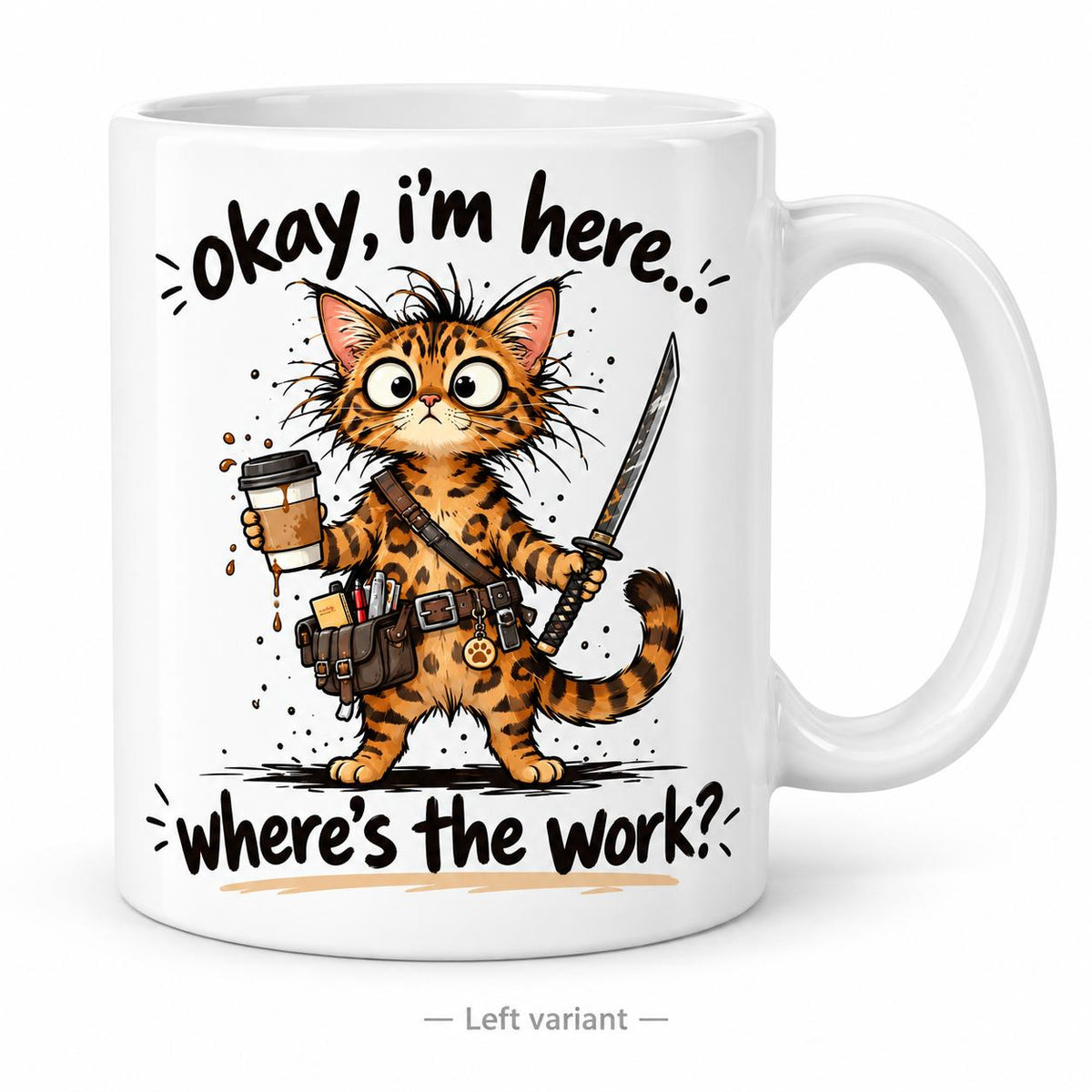 Rendering of white ceramic mug with cartoon bengal cat saying "okay I'm here. Where's the work" on white background. Print on left side view.