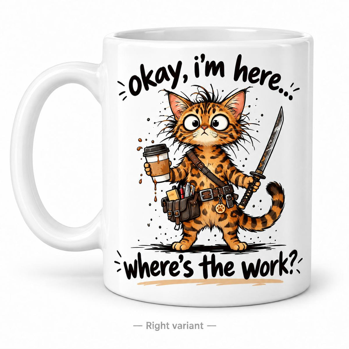 Rendering of white ceramic mug with cartoon bengal cat saying "okay I'm here. Where's the work" on white background. Print on right side view.