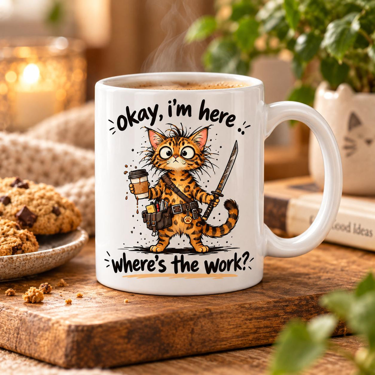 Rendering of white ceramic mug with cartoon bengal cat saying "okay I'm here. Where's the work" on wooden table.