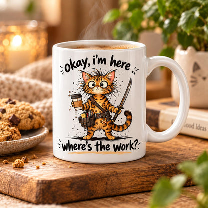 Rendering of white ceramic mug with cartoon bengal cat saying "okay I'm here. Where's the work" on wooden table.