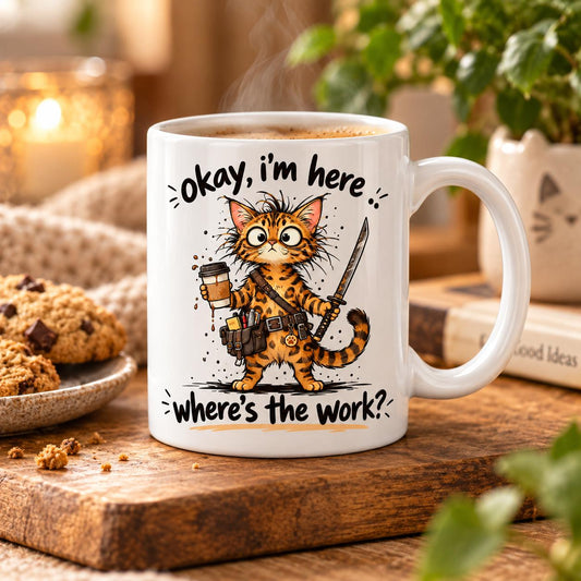 Rendering of white ceramic mug with cartoon bengal cat saying "okay I'm here. Where's the work" on wooden table.