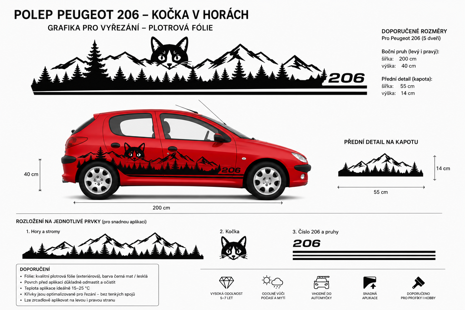 návrh designu polepu na peugeot 206 na pravou stranu