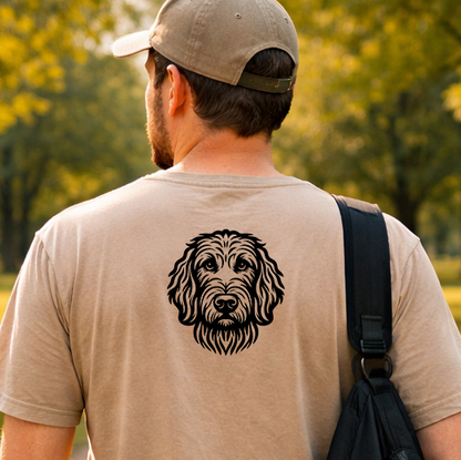 Černá grafická nažehlovačka s hlavou psa Goldendoodle aplikovaná na zadní straně pískového trička.