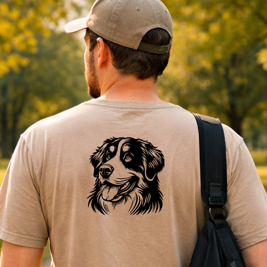Černá grafická nažehlovačka s hlavou psa Bernský salašnický pes aplikovaná na zadní straně pískového trička.
