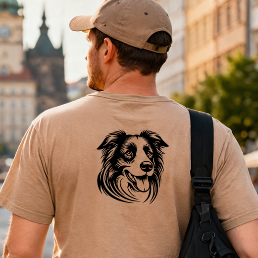 Černá grafická nažehlovačka s hlavou psa Border kolie aplikovaná na zadní straně pískového trička.