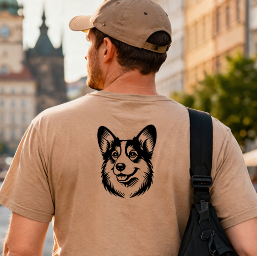 Černá grafická nažehlovačka s hlavou psa Cardigan Welsh Corgi aplikovaná na zadní straně pískového trička.