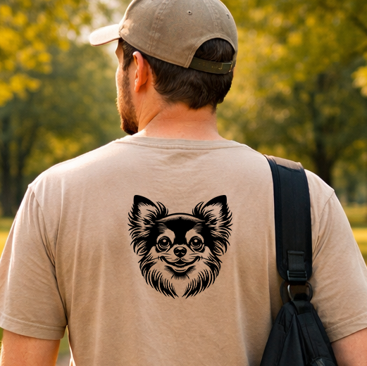 Černá grafická nažehlovačka s hlavou psa Čivava aplikovaná na zadní straně pískového trička.