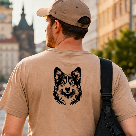 Černá grafická nažehlovačka s hlavou psa Welsh Corgi Pembroke aplikovaná na zadní straně pískového trička.