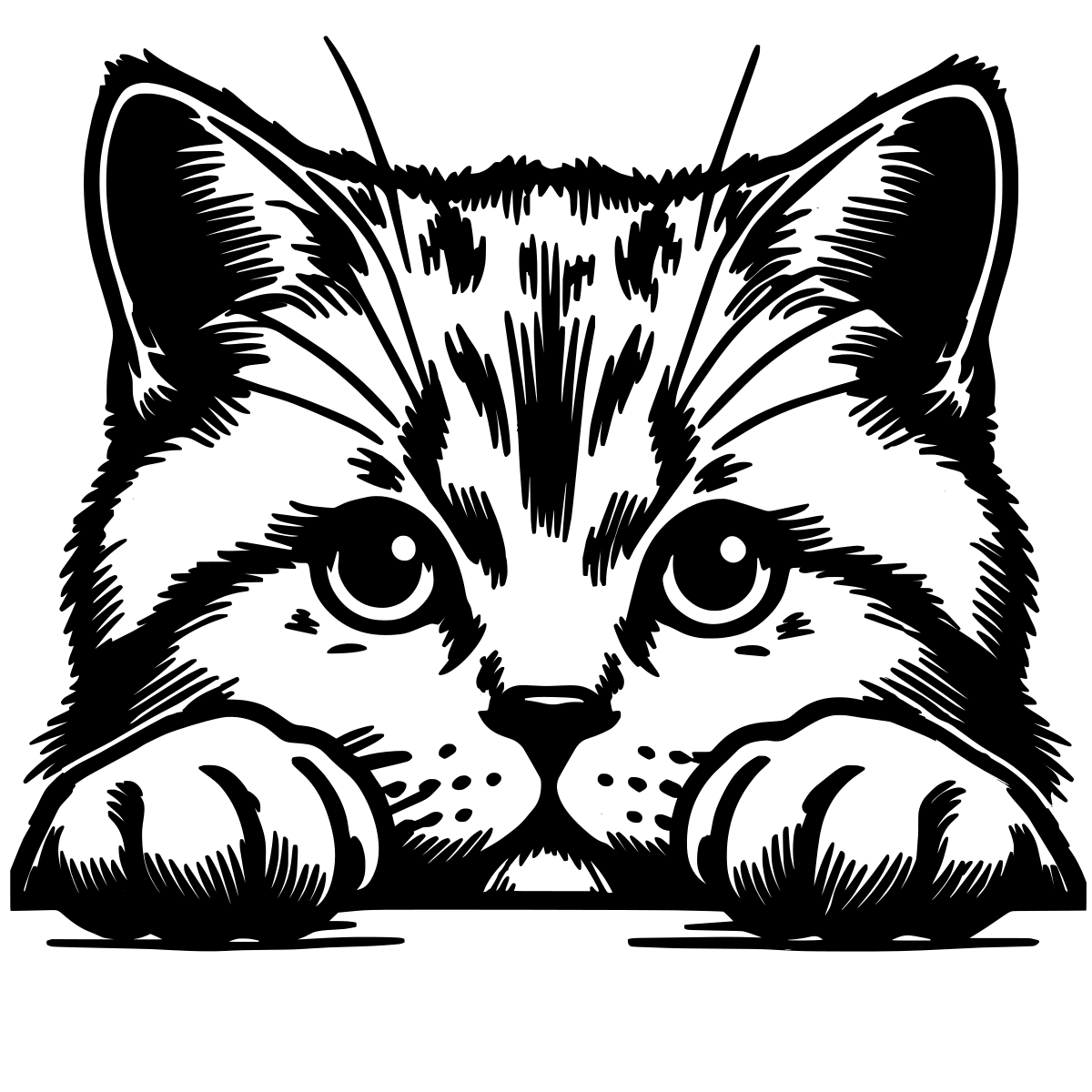 Černobílá ilustrace brtiské krátkosrsté kočky vykukující přes hranu s tlapkami, stylizovaná line-art samolepka pro milovníky koček.
