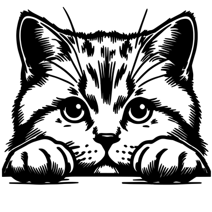 Černobílá ilustrace brtiské krátkosrsté kočky vykukující přes hranu s tlapkami, stylizovaná line-art samolepka pro milovníky koček.