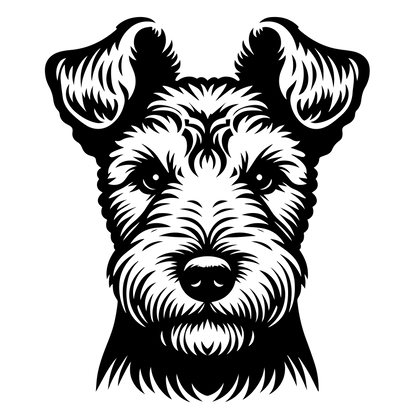 Černá grafická samolepka / nažehlovačka s hlavou psa lakeland teriér, stylizovaná line-art.