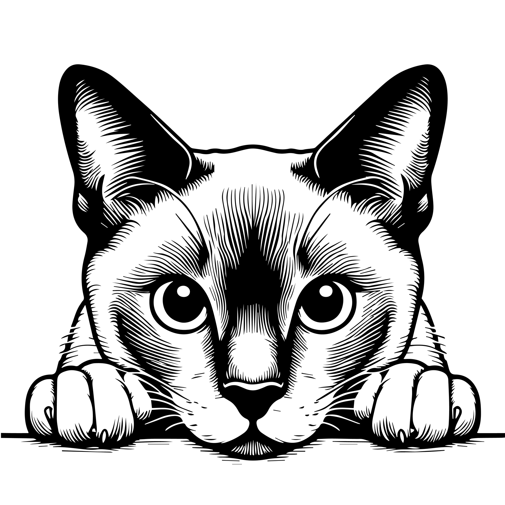 Černobílá ilustrace tonkinské kočky vykukující přes hranu s tlapkami, stylizovaná line-art samolepka pro milovníky koček.