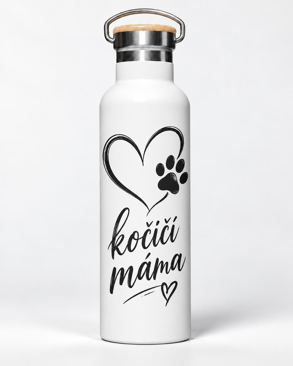 Bílá nerezová termolahev o objemu 750 ml s potiskem na přání "Kočičí máma".
