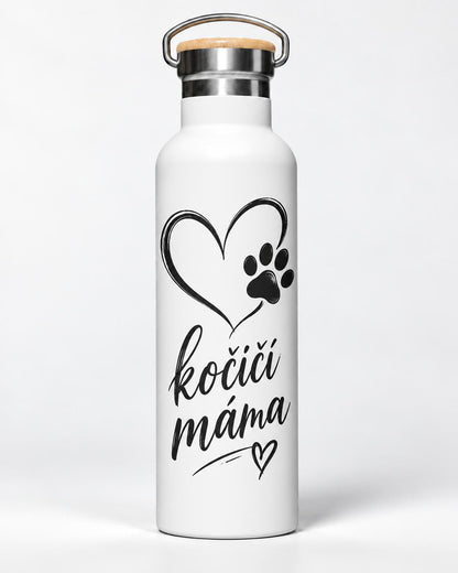 Bílá nerezová termolahev o objemu 750 ml s potiskem na přání "Kočičí máma".