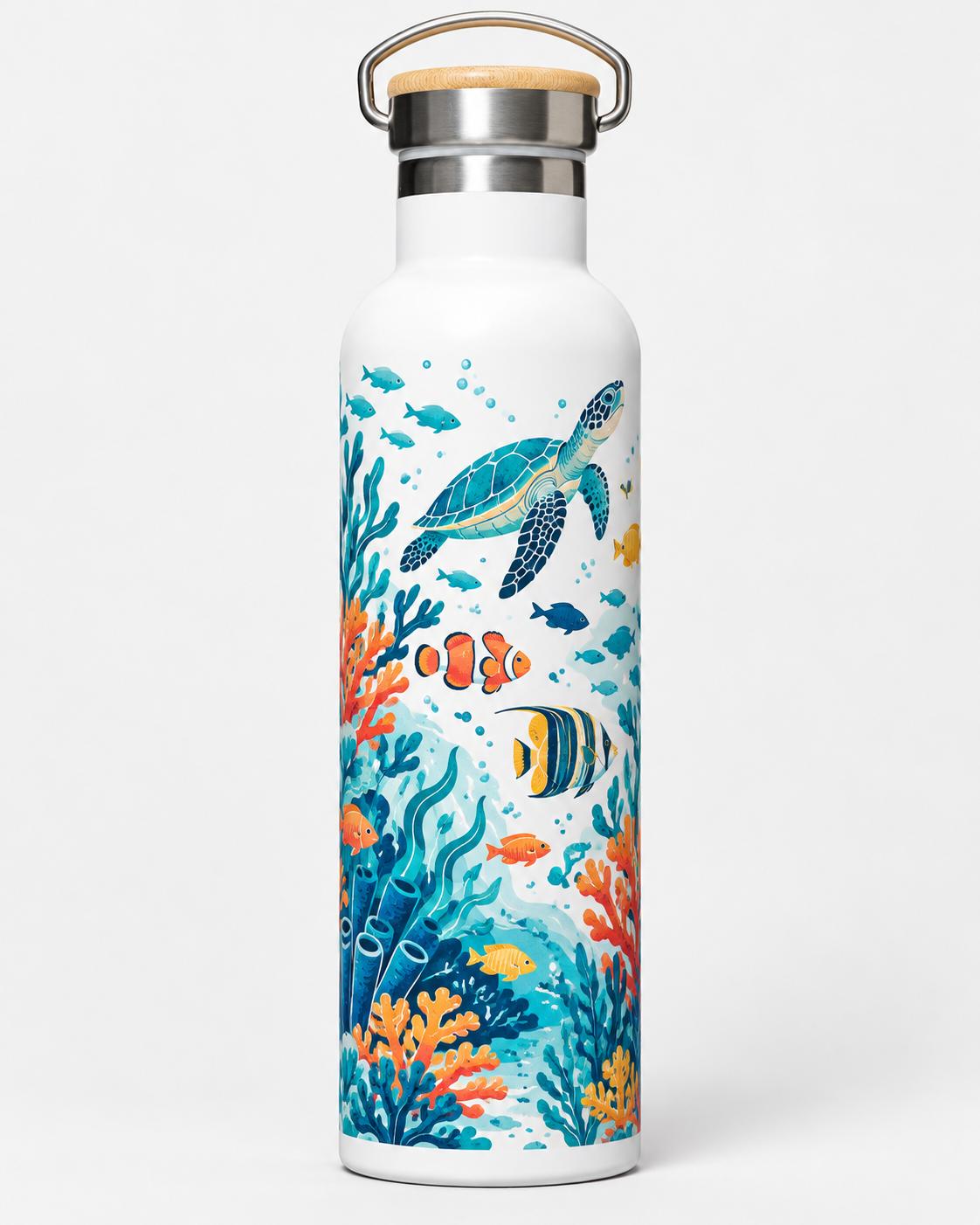 Bílá nerezová termolahev o objemu 750 ml s potiskem na přání "život pod hladinou".