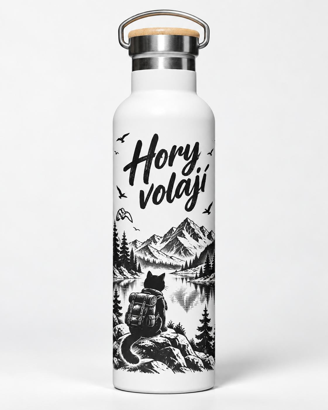 Bílá nerezová termolahev o objemu 750 ml s potiskem na přání "Hory volají".