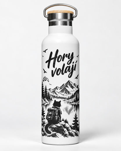 Bílá nerezová termolahev o objemu 750 ml s potiskem na přání "Hory volají".