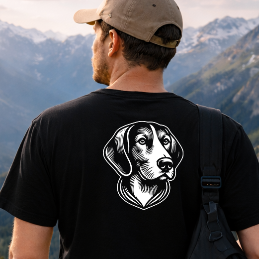 černé tričko s bílým motivem psa anglický foxhound na zádech